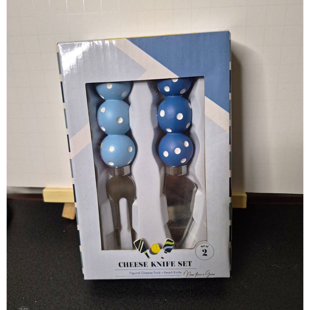 More than a Game Pickleball Cheese Knife & Fork Set 2pc Blue Polka Dot